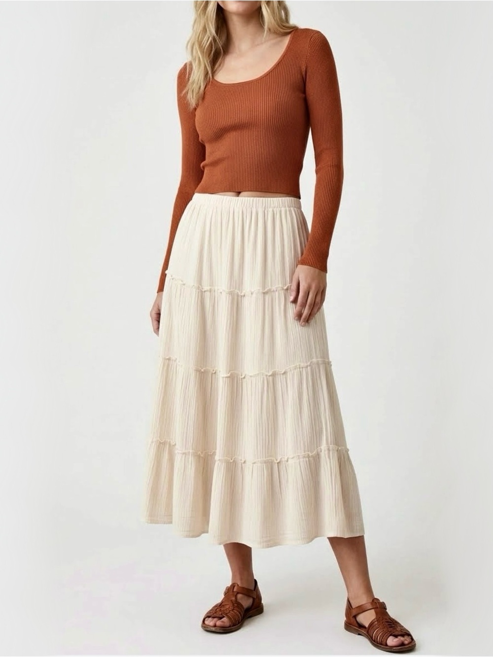 Hollister Co. Cream Tiered Midi Skirt